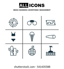 Set Of 9 Travel Icons. Includes Currency Recycle, Travel Direction, Frozen Food And Other Symbols. Beautiful Design Elements.