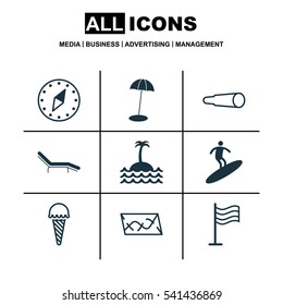 Set Of 9 Travel Icons. Includes Magnifying Glasses, Pin, Cardinal Direction And Other Symbols. Beautiful Design Elements.