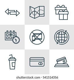 Set Of 9 Travel Icons. Includes Crossroad, Plastic Card, Forbidden Mobile And Other Symbols. Beautiful Design Elements.