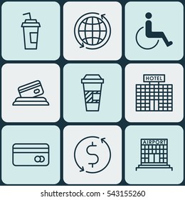 Set Of 9 Travel Icons. Includes Plastic Card, Resort Development, Airfield Manufacture And Other Symbols. Beautiful Design Elements.