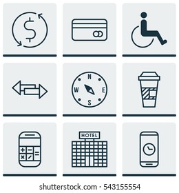 Set Of 9 Travel Icons. Includes Locate, Crossroad, Money Trasnfer And Other Symbols. Beautiful Design Elements.