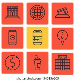Set Of 9 Travel Icons. Includes World, Money Trasnfer, Calculation And Other Symbols. Beautiful Design Elements.