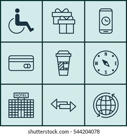 Set Of 9 Travel Icons. Includes Resort Development, World, Call Duration And Other Symbols. Beautiful Design Elements.