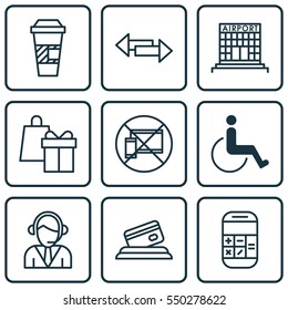 Set Of 9 Travel Icons. Includes Airfield Manufacture, Shopping, Credit Card And Other Symbols. Beautiful Design Elements.