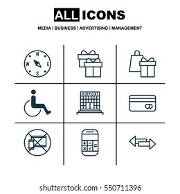 Set Of 9 Travel Icons. Includes Shopping, Airfield Manufacture, Locate And Other Symbols. Beautiful Design Elements.