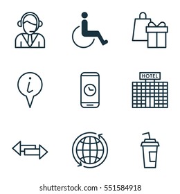 Set Of 9 Travel Icons. Includes Resort Development, Accessibility, Call Duration And Other Symbols. Beautiful Design Elements.