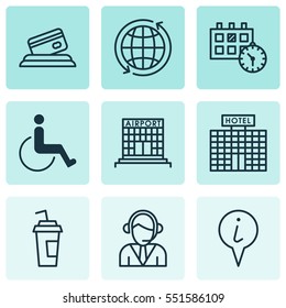 Set Of 9 Travel Icons. Includes Info Pointer, Drink Cup, Operator And Other Symbols. Beautiful Design Elements.