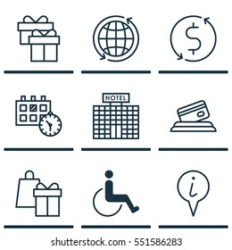 Set Of 9 Travel Icons. Includes Appointment, Money Trasnfer, World And Other Symbols. Beautiful Design Elements.