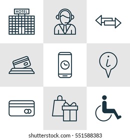 Set Of 9 Travel Icons. Includes Credit Card, Resort Development, Accessibility And Other Symbols. Beautiful Design Elements.