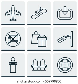 Set Of 9 Travel Icons. Includes Registration Service, Airliner, Forbidden Mobile And Other Symbols. Beautiful Design Elements.