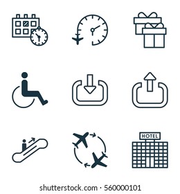 Set Of 9 Travel Icons. Includes Moving Staircase, Present, Fly Around And Other Symbols. Beautiful Design Elements.