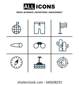 Set Of 9 Travel Icons. Includes Pair Of Glasses, Travel Direction, Currency Recycle And Other Symbols. Beautiful Design Elements.