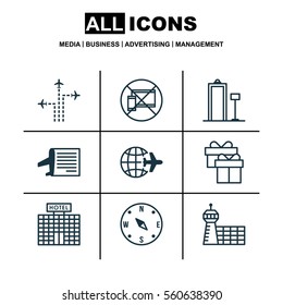 Set Of 9 Travel Icons. Includes Locate, Security Scanner, Present And Other Symbols. Beautiful Design Elements.