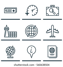 Set Of 9 Travel Icons. Includes Baggage Research, Airport Building, World And Other Symbols. Beautiful Design Elements.