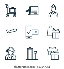 Set Of 9 Travel Icons. Includes Hostess, Security Scanner, Suitcase Pushcart And Other Symbols. Beautiful Design Elements.