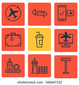 Set Of 9 Travel Icons. Includes Internet Ticket, Drink Cup, Airplane Information And Other Symbols. Beautiful Design Elements.
