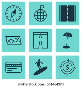 Set Of 9 Travel Icons. Includes Photo Camera, Cardinal Direction, Coast Parasol And Other Symbols. Beautiful Design Elements.