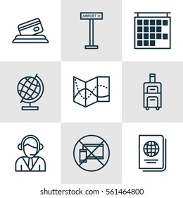 Set Of 9 Travel Icons. Includes World Sphere, Airplane Information, Luggage And Other Symbols. Beautiful Design Elements.