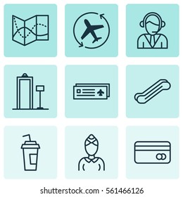 Set Of 9 Travel Icons. Includes Aircraft Arrow, Drink Cup, Operator And Other Symbols. Beautiful Design Elements.