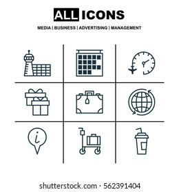 Set Of 9 Travel Icons. Includes Drink Cup, Suitcase, Info Pointer And Other Symbols. Beautiful Design Elements.