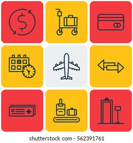 Set Of 9 Travel Icons. Includes Airliner, Suitcase Pushcart, Briefcase Scanner And Other Symbols. Beautiful Design Elements.