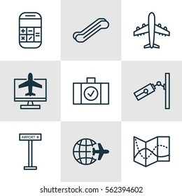 Set Of 9 Travel Icons. Includes Airliner, Calculation, Video Surveillance And Other Symbols. Beautiful Design Elements.