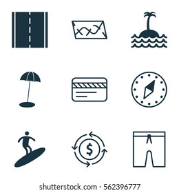 Set Of 9 Travel Icons. Includes Boardsports, Coast Parasol, Bank Card And Other Symbols. Beautiful Design Elements.