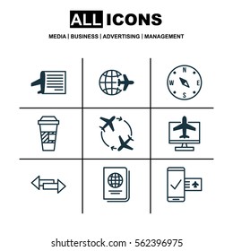 Set Of 9 Travel Icons. Includes Timetable, Phone Reservation, Crossroad And Other Symbols. Beautiful Design Elements.