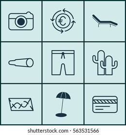 Set Of 9 Travel Icons. Includes Street, Swimming Clothes, Chaise Longue And Other Symbols. Beautiful Design Elements.