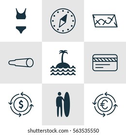 Set Of 9 Travel Icons. Includes Magnifying Glasses, Currency Recycle, Bathing Costume And Other Symbols. Beautiful Design Elements.