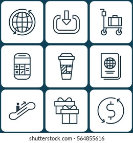Set Of 9 Travel Icons. Includes Enter, Moving Staircase, Present And Other Symbols. Beautiful Design Elements.