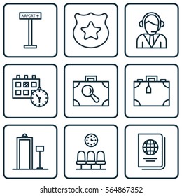 Set Of 9 Travel Icons. Includes Suitcase, Baggage Research, Operator And Other Symbols. Beautiful Design Elements.