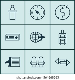 Set Of 9 Travel Icons. Includes Timetable, Worldwide Flight, Armchair And Other Symbols. Beautiful Design Elements.