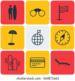 Set Of 9 Travel Icons. Includes Bank Card, Surf-Board, Cardinal Direction And Other Symbols. Beautiful Design Elements.