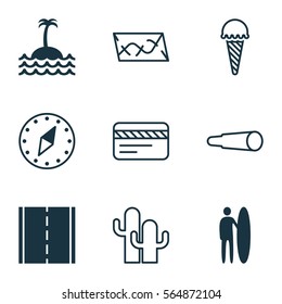 Set Of 9 Travel Icons. Includes Photo Camera, Route, Bank Card And Other Symbols. Beautiful Design Elements.