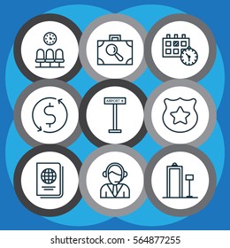 Set Of 9 Travel Icons. Includes Baggage Research, Money Trasnfer, Identification Document And Other Symbols. Beautiful Design Elements.