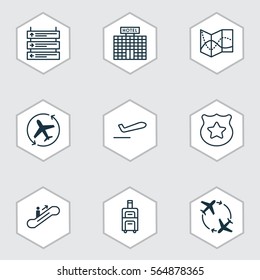Set Of 9 Travel Icons. Includes Moving Staircase, Road Map, Plane Schedule And Other Symbols. Beautiful Design Elements.