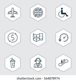 Set Of 9 Travel Icons. Includes World, Moving Staircase, Money Trasnfer And Other Symbols. Beautiful Design Elements.
