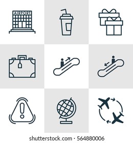 Set Of 9 Travel Icons. Includes Siren, Suitcase, Escalator Down And Other Symbols. Beautiful Design Elements.