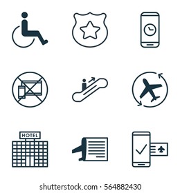 Set Of 9 Travel Icons. Includes Accessibility, Phone Reservation, Cop Symbol And Other Symbols. Beautiful Design Elements.