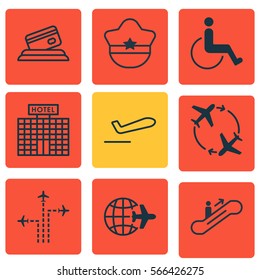 Set Of 9 Travel Icons. Includes Resort Development, Credit Card, Accessibility And Other Symbols. Beautiful Design Elements.