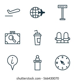 Set Of 9 Travel Icons. Includes Locate, Airplane Information, Drink Cup And Other Symbols. Beautiful Design Elements.