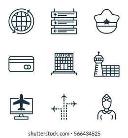 Set Of 9 Travel Icons. Includes Hostess, Plastic Card, World And Other Symbols. Beautiful Design Elements.