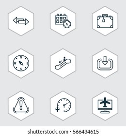 Set Of 9 Travel Icons. Includes Internet Ticket, Escalator Down, Travel Clock And Other Symbols. Beautiful Design Elements.