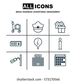 Set Of 9 Travel Icons. Includes Airport Card, Pilot Hat, Video Surveillance And Other Symbols. Beautiful Design Elements.