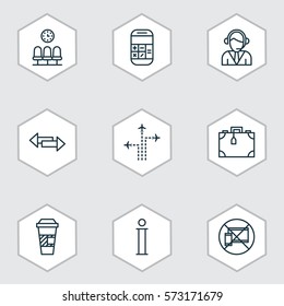 Set Of 9 Travel Icons. Includes Takeaway Coffee, Operator, Suitcase And Other Symbols. Beautiful Design Elements.