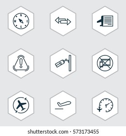 Set Of 9 Travel Icons. Includes Aircraft Arrow, Siren, Airliner Takeoff And Other Symbols. Beautiful Design Elements.