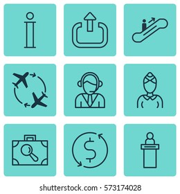 Set Of 9 Travel Icons. Includes Registration Service, Fly Around, Money Trasnfer And Other Symbols. Beautiful Design Elements.