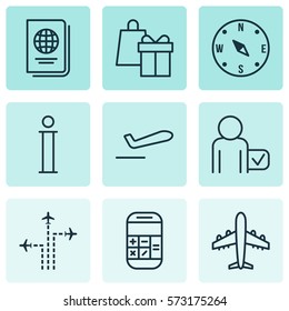 Set Of 9 Travel Icons. Includes Flight Path, Shopping, Identification Document And Other Symbols. Beautiful Design Elements.