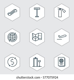 Set Of 9 Travel Icons. Includes World, Stair Lift, Fire Extinguisher And Other Symbols. Beautiful Design Elements.